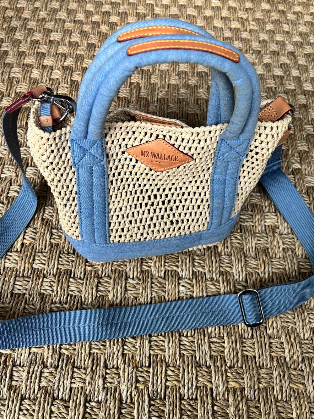 MZ Wallace Natural Straw Mini Tote with Blue Trim and Tan Accents